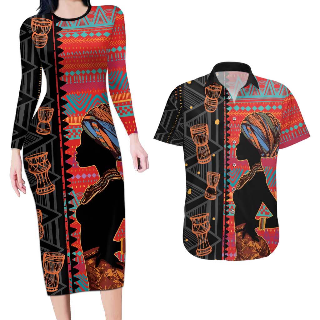 Happy International Women's Day Couples Matching Long Sleeve Bodycon Dress and Hawaiian Shirt African Women With Ethnic Pattern