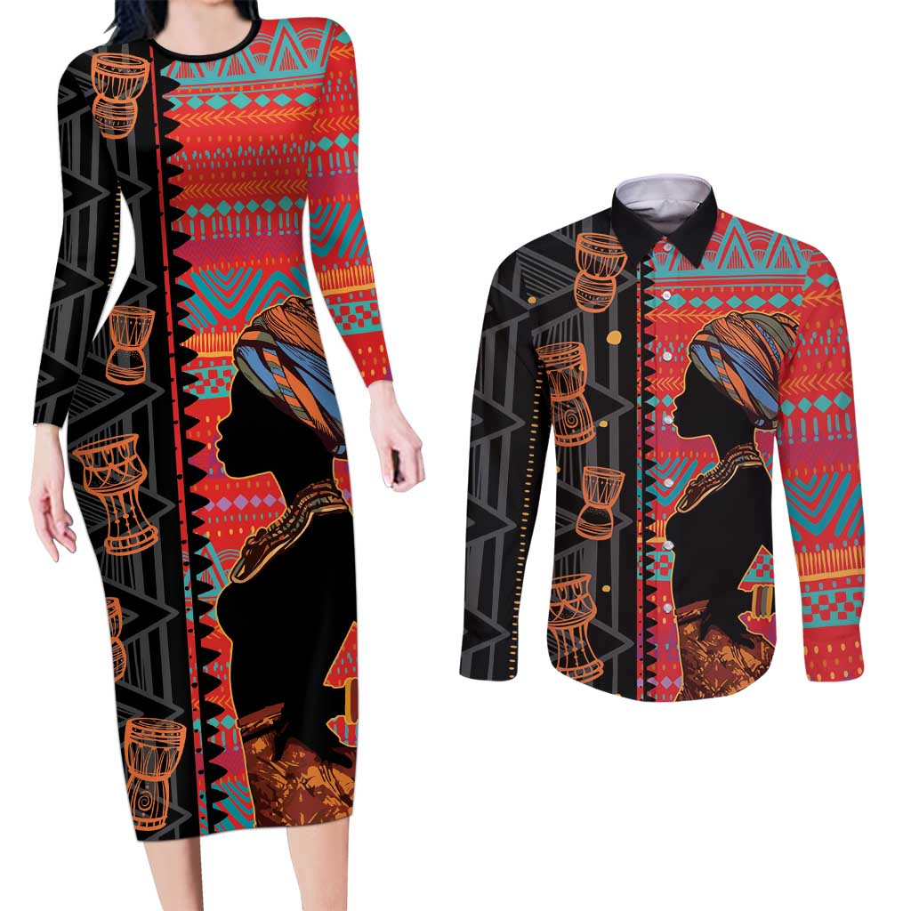 Happy International Women's Day Couples Matching Long Sleeve Bodycon Dress and Long Sleeve Button Shirt African Women With Ethnic Pattern