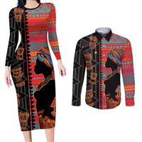 Happy International Women's Day Couples Matching Long Sleeve Bodycon Dress and Long Sleeve Button Shirt African Women With Ethnic Pattern