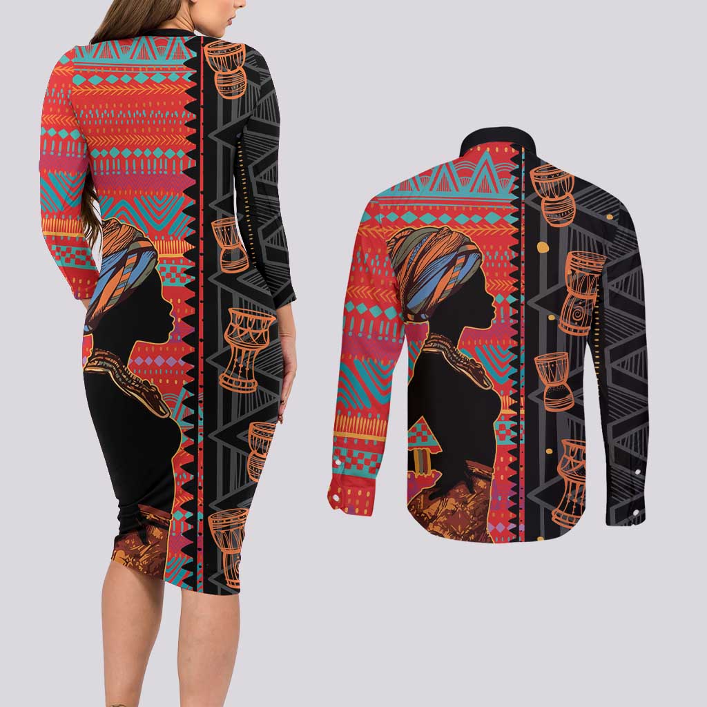 Happy International Women's Day Couples Matching Long Sleeve Bodycon Dress and Long Sleeve Button Shirt African Women With Ethnic Pattern