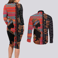 Happy International Women's Day Couples Matching Long Sleeve Bodycon Dress and Long Sleeve Button Shirt African Women With Ethnic Pattern