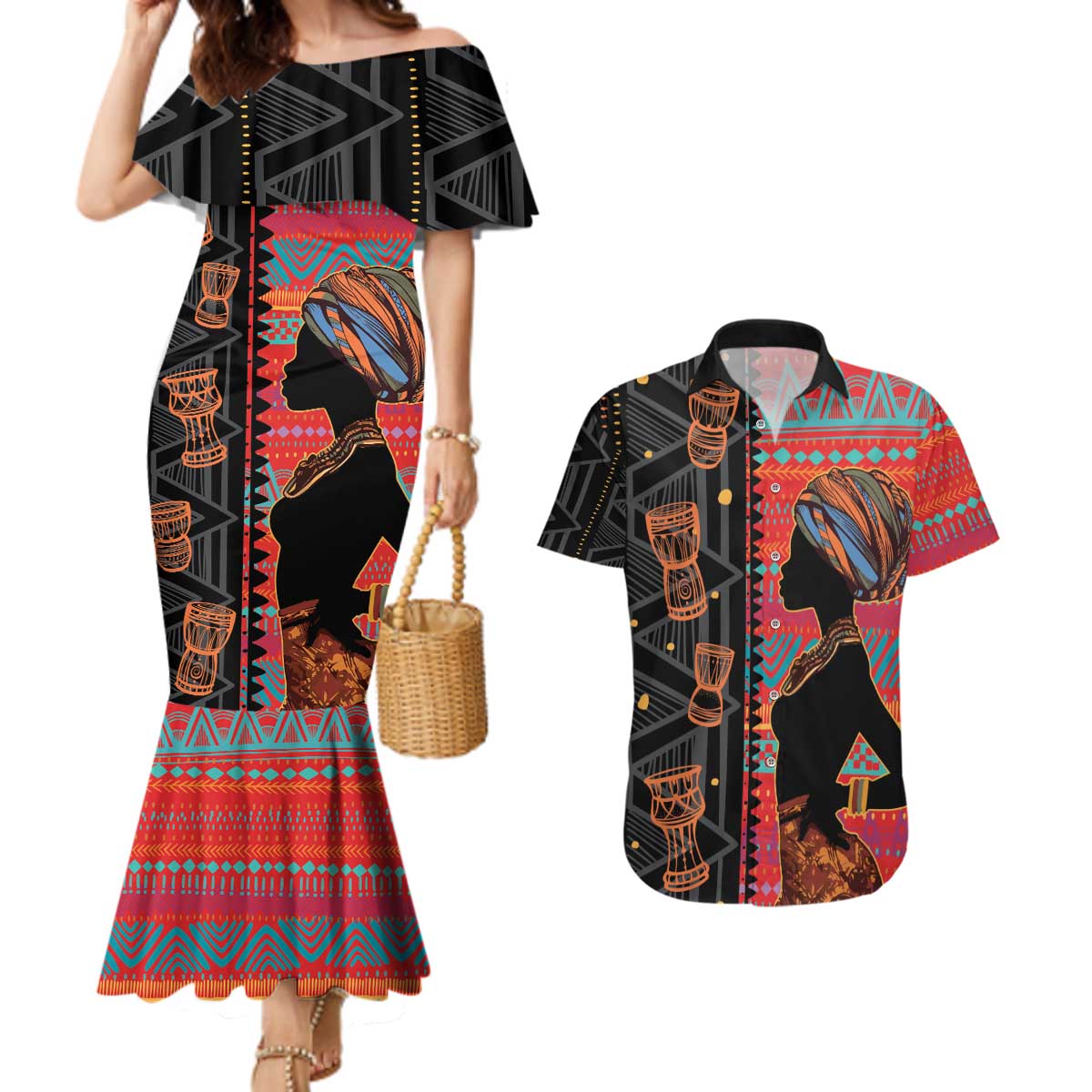 Happy International Women's Day Couples Matching Mermaid Dress and Hawaiian Shirt African Women With Ethnic Pattern