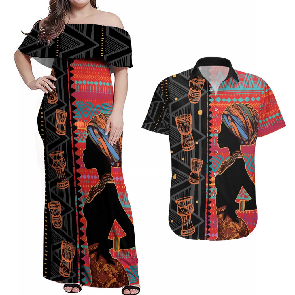 Happy International Women's Day Couples Matching Off Shoulder Maxi Dress and Hawaiian Shirt African Women With Ethnic Pattern