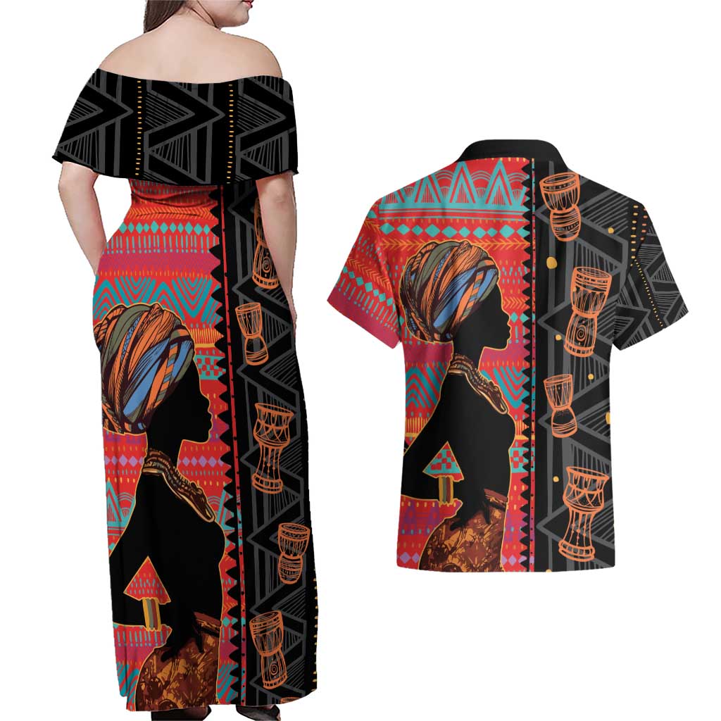 Happy International Women's Day Couples Matching Off Shoulder Maxi Dress and Hawaiian Shirt African Women With Ethnic Pattern