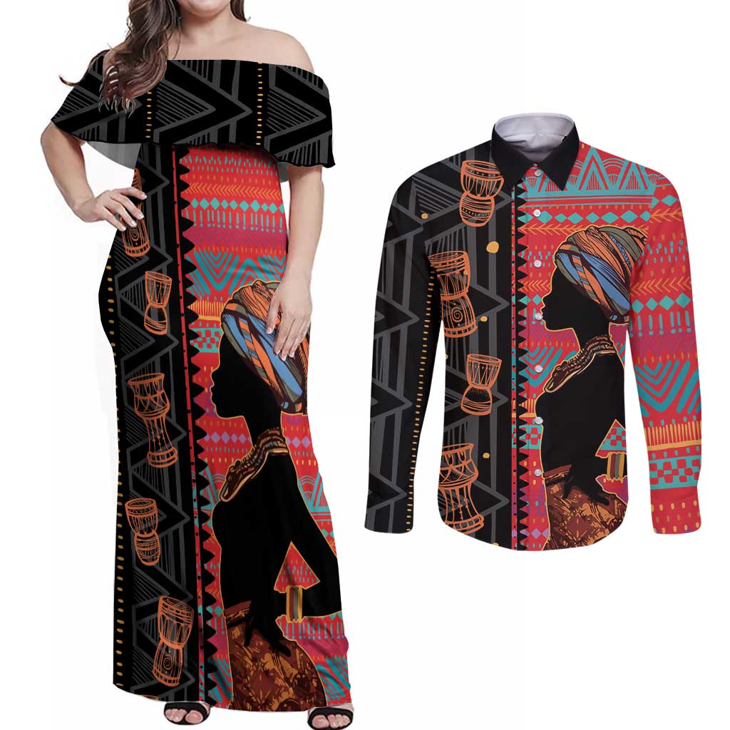 Happy International Women's Day Couples Matching Off Shoulder Maxi Dress and Long Sleeve Button Shirt African Women With Ethnic Pattern