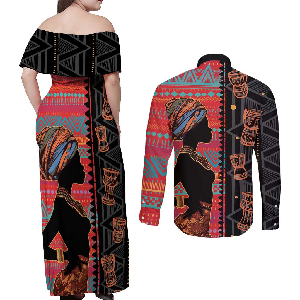 Happy International Women's Day Couples Matching Off Shoulder Maxi Dress and Long Sleeve Button Shirt African Women With Ethnic Pattern