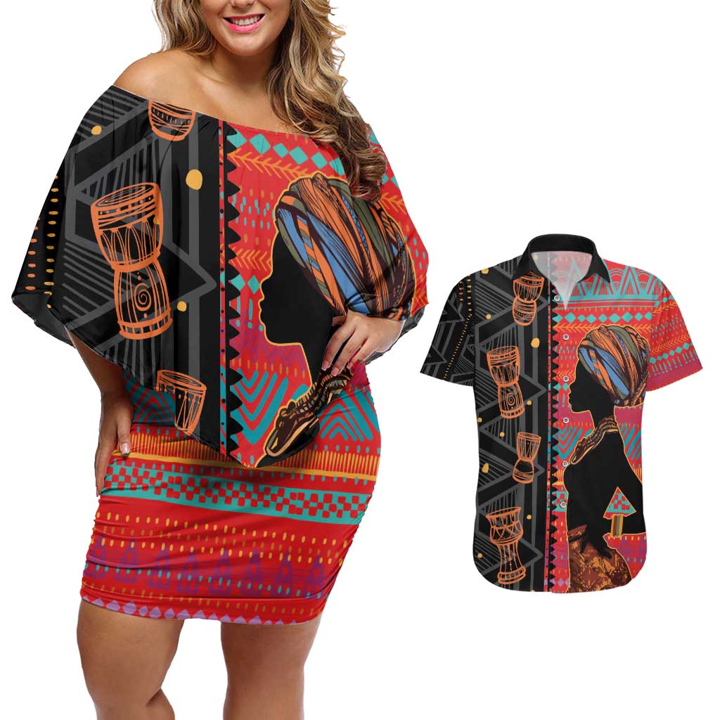 Happy International Women's Day Couples Matching Off Shoulder Short Dress and Hawaiian Shirt African Women With Ethnic Pattern