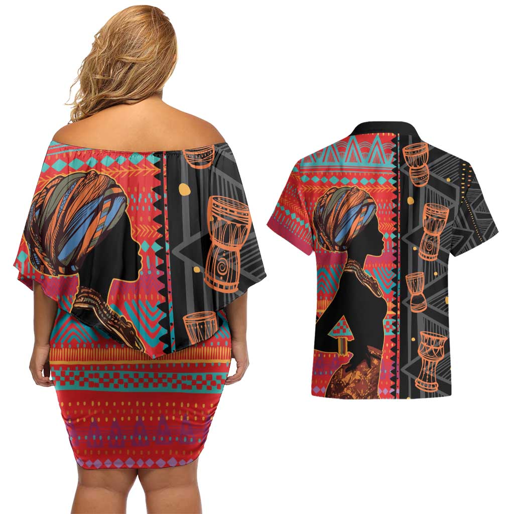 Happy International Women's Day Couples Matching Off Shoulder Short Dress and Hawaiian Shirt African Women With Ethnic Pattern