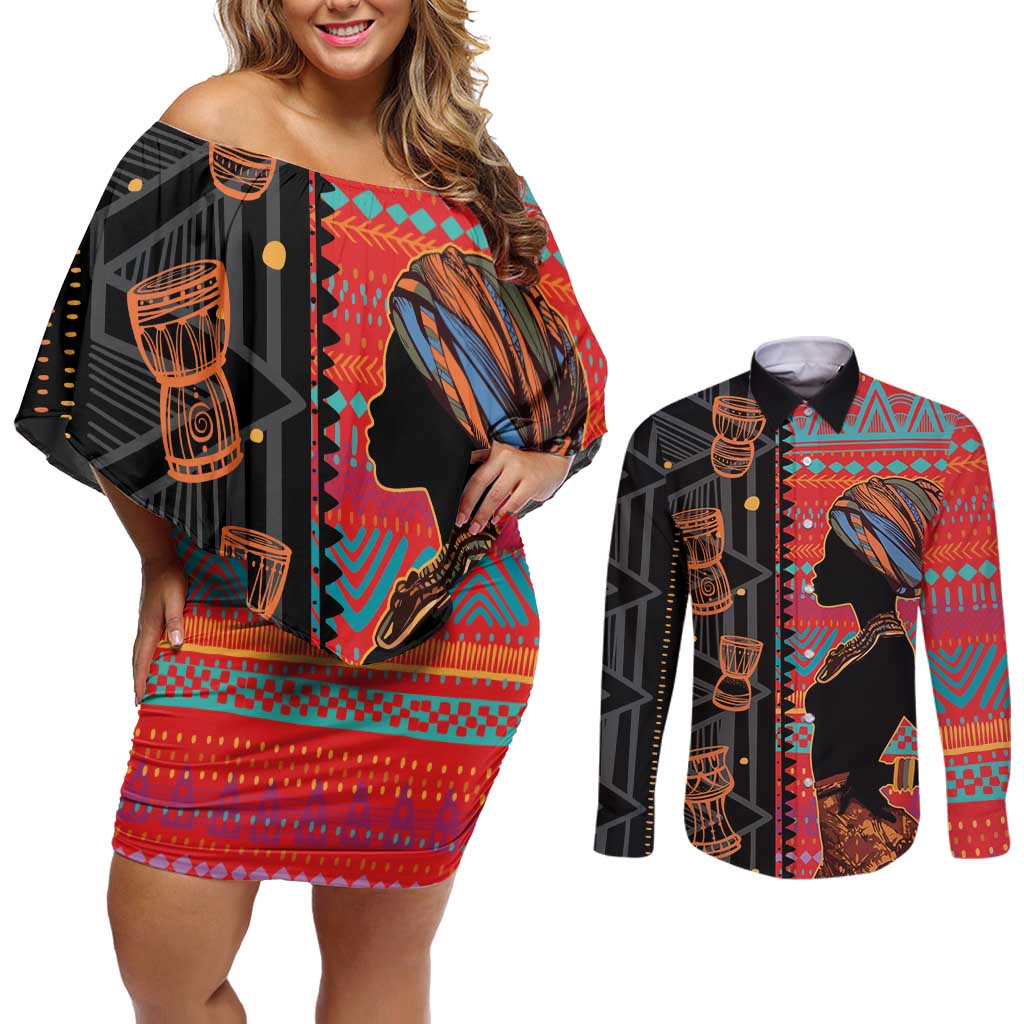 Happy International Women's Day Couples Matching Off Shoulder Short Dress and Long Sleeve Button Shirt African Women With Ethnic Pattern