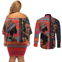 Happy International Women's Day Couples Matching Off Shoulder Short Dress and Long Sleeve Button Shirt African Women With Ethnic Pattern