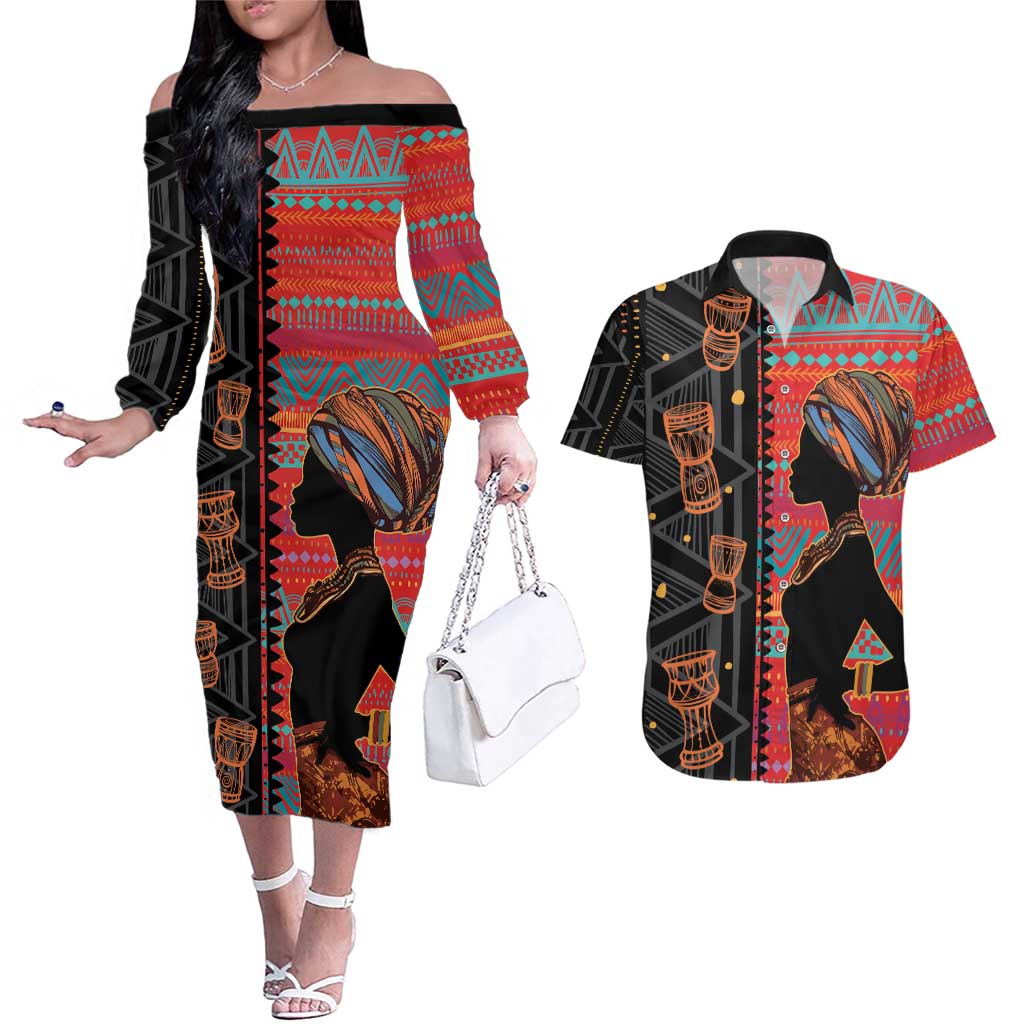 Happy International Women's Day Couples Matching Off The Shoulder Long Sleeve Dress and Hawaiian Shirt African Women With Ethnic Pattern