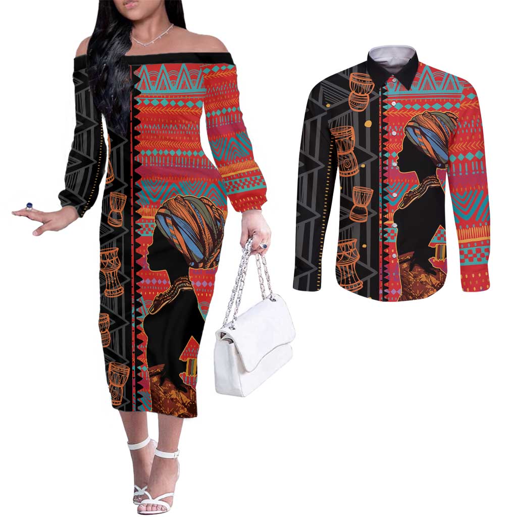 Happy International Women's Day Couples Matching Off The Shoulder Long Sleeve Dress and Long Sleeve Button Shirt African Women With Ethnic Pattern