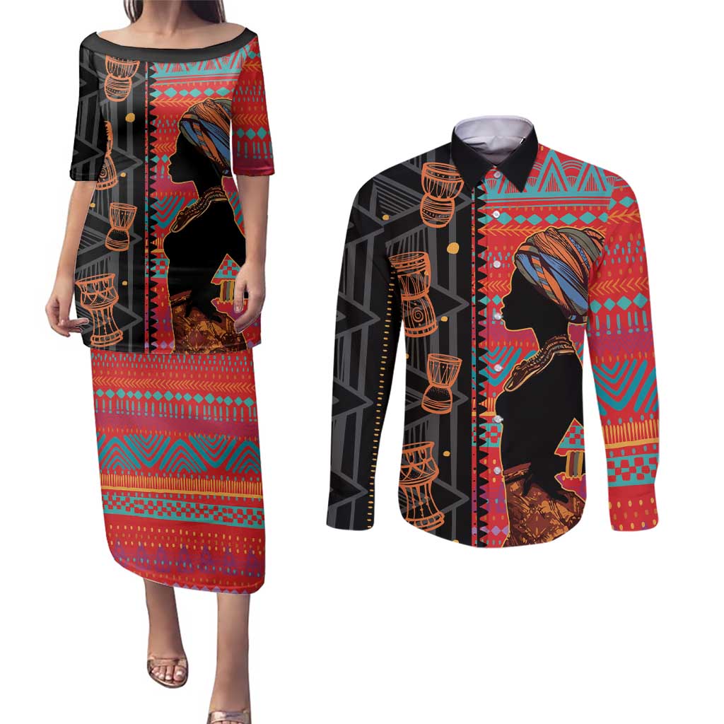 Happy International Women's Day Couples Matching Puletasi and Long Sleeve Button Shirt African Women With Ethnic Pattern