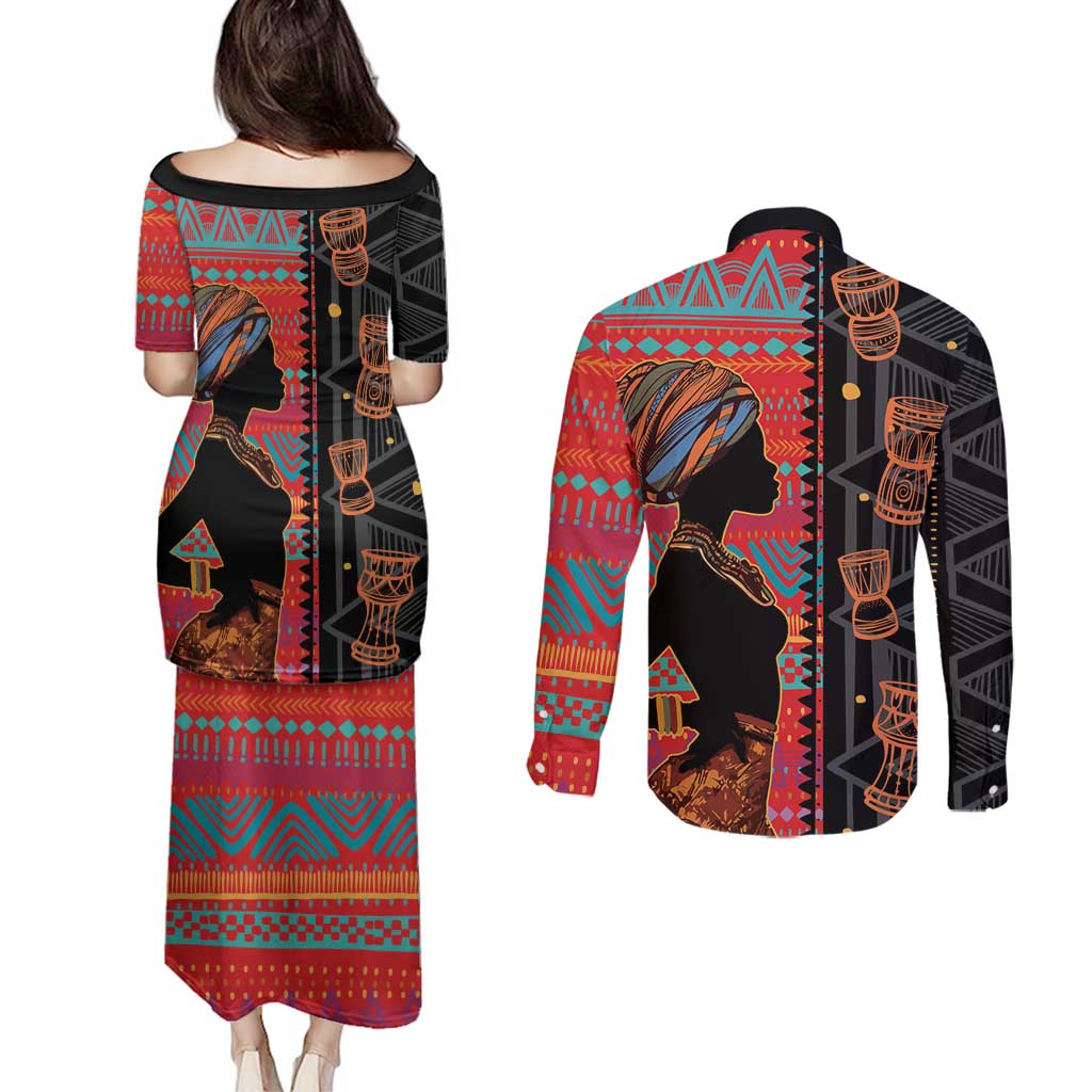 Happy International Women's Day Couples Matching Puletasi and Long Sleeve Button Shirt African Women With Ethnic Pattern