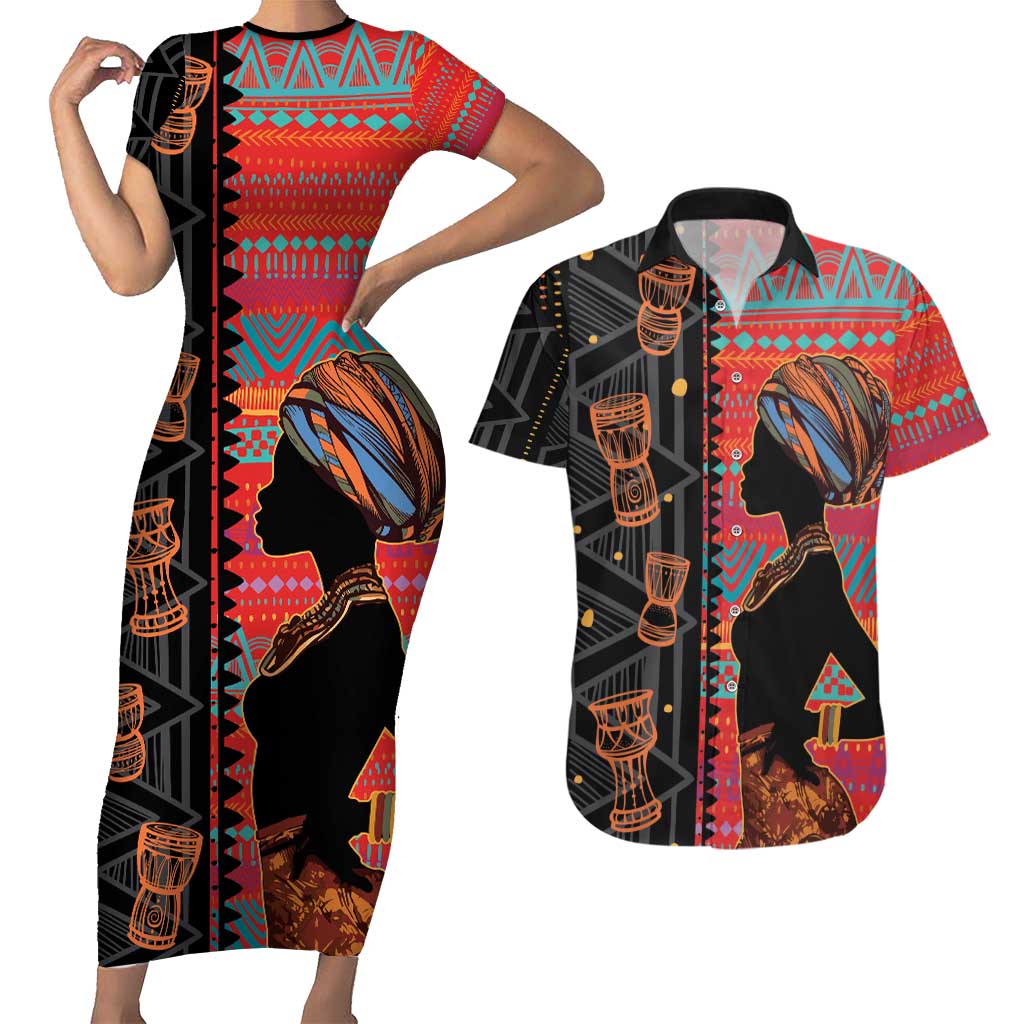 Happy International Women's Day Couples Matching Short Sleeve Bodycon Dress and Hawaiian Shirt African Women With Ethnic Pattern