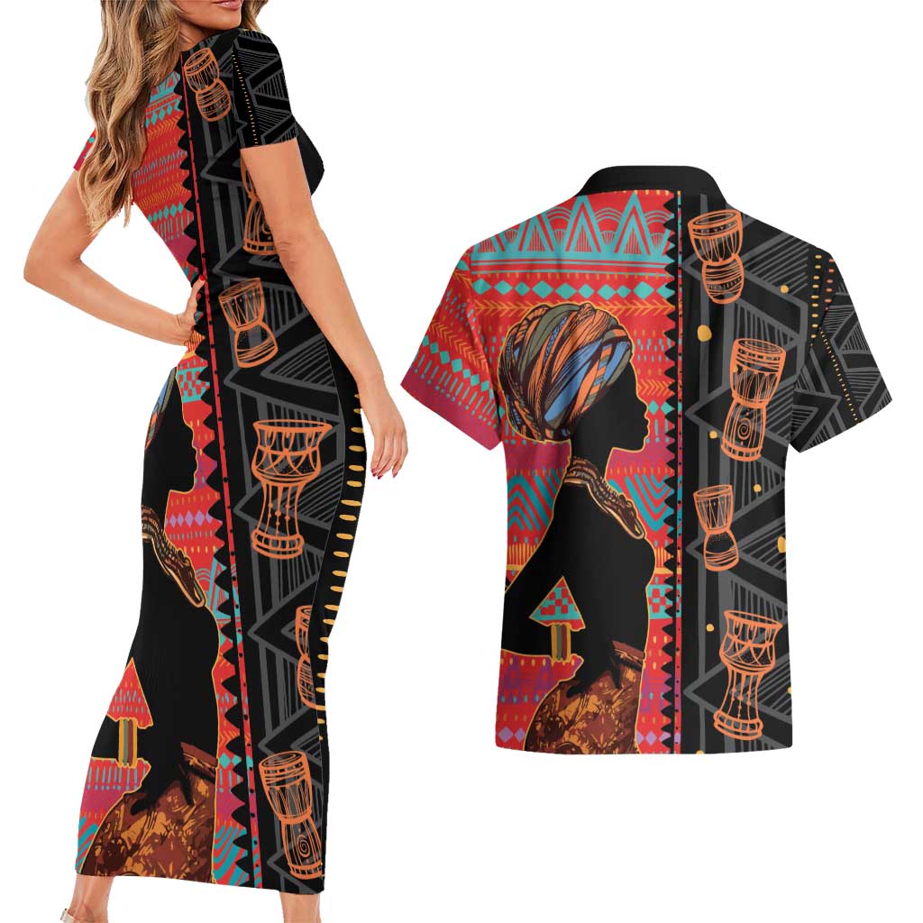 Happy International Women's Day Couples Matching Short Sleeve Bodycon Dress and Hawaiian Shirt African Women With Ethnic Pattern