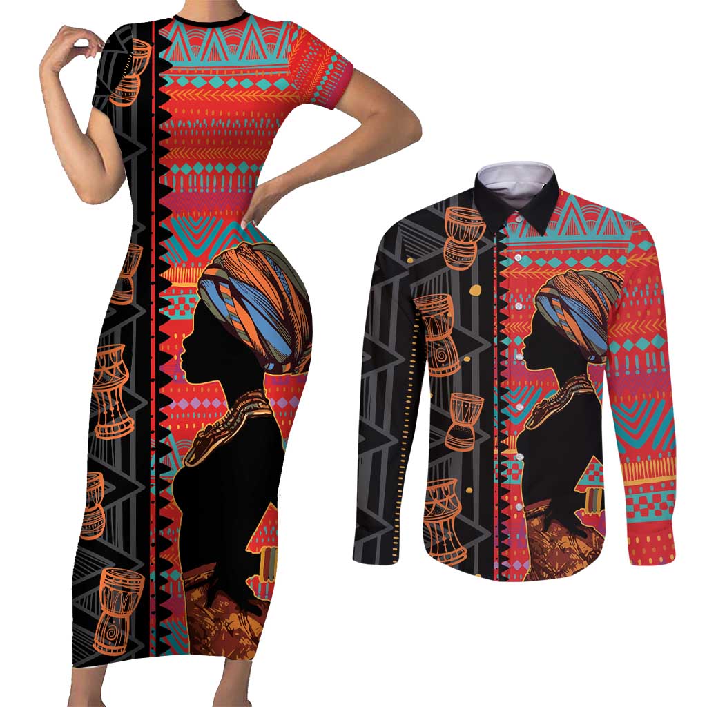 Happy International Women's Day Couples Matching Short Sleeve Bodycon Dress and Long Sleeve Button Shirt African Women With Ethnic Pattern