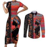Happy International Women's Day Couples Matching Short Sleeve Bodycon Dress and Long Sleeve Button Shirt African Women With Ethnic Pattern