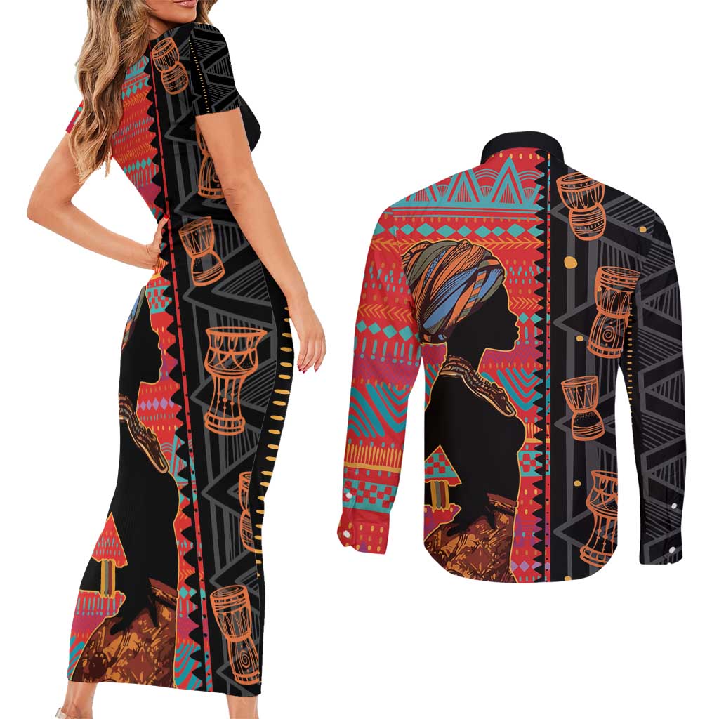 Happy International Women's Day Couples Matching Short Sleeve Bodycon Dress and Long Sleeve Button Shirt African Women With Ethnic Pattern