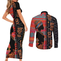 Happy International Women's Day Couples Matching Short Sleeve Bodycon Dress and Long Sleeve Button Shirt African Women With Ethnic Pattern