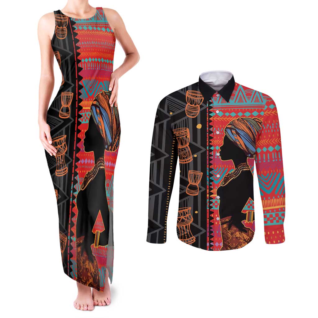 Happy International Women's Day Couples Matching Tank Maxi Dress and Long Sleeve Button Shirt African Women With Ethnic Pattern