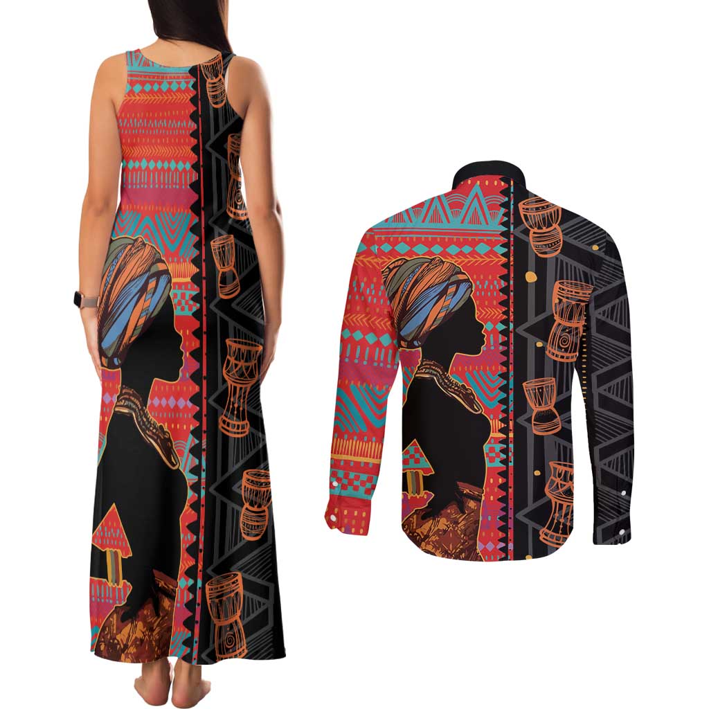 Happy International Women's Day Couples Matching Tank Maxi Dress and Long Sleeve Button Shirt African Women With Ethnic Pattern