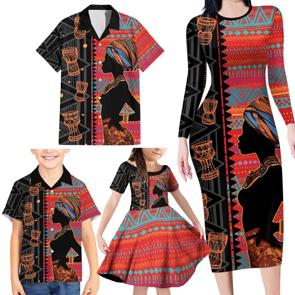 Happy International Women's Day Family Matching Long Sleeve Bodycon Dress and Hawaiian Shirt African Women With Ethnic Pattern