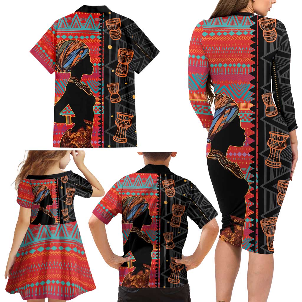 Happy International Women's Day Family Matching Long Sleeve Bodycon Dress and Hawaiian Shirt African Women With Ethnic Pattern