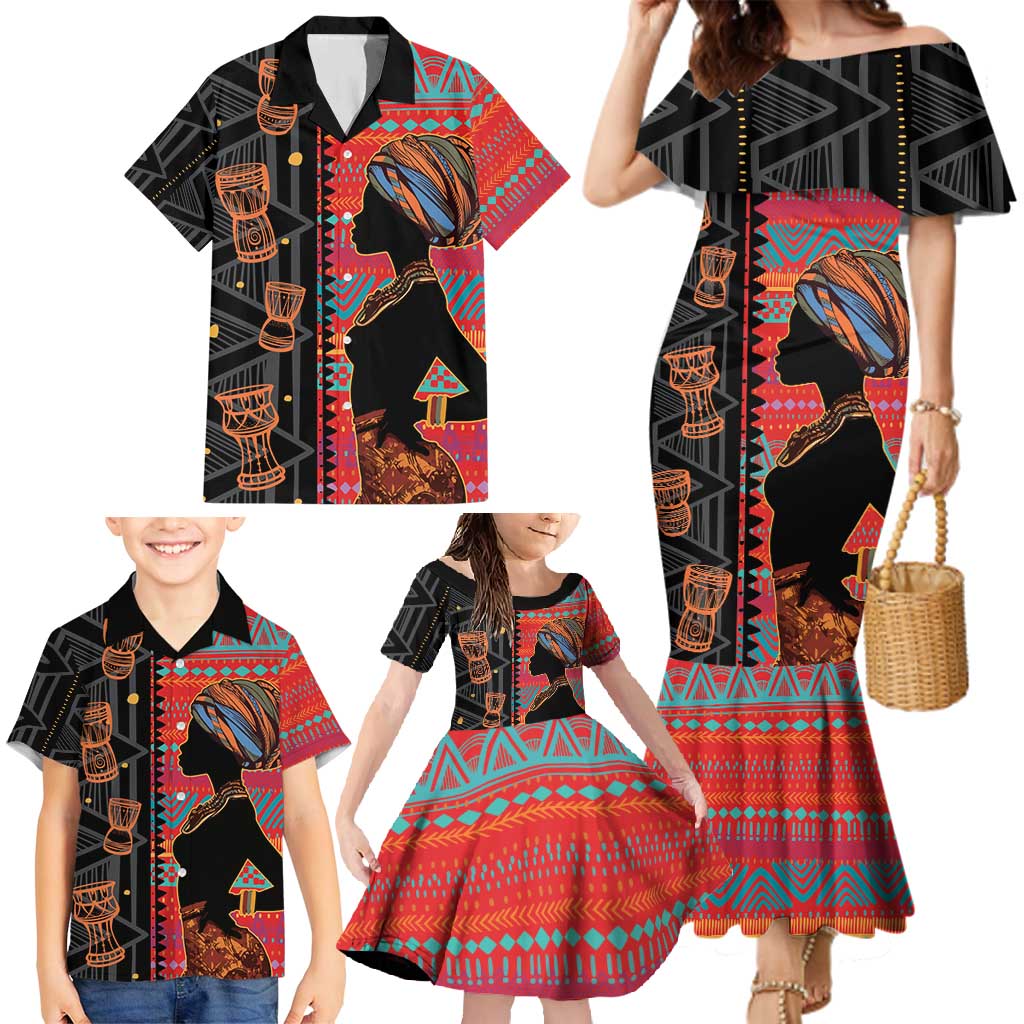 Happy International Women's Day Family Matching Mermaid Dress and Hawaiian Shirt African Women With Ethnic Pattern