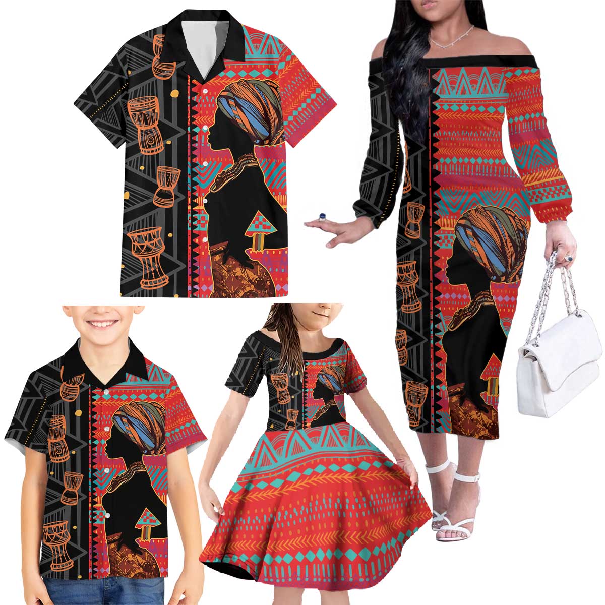 Happy International Women's Day Family Matching Off The Shoulder Long Sleeve Dress and Hawaiian Shirt African Women With Ethnic Pattern
