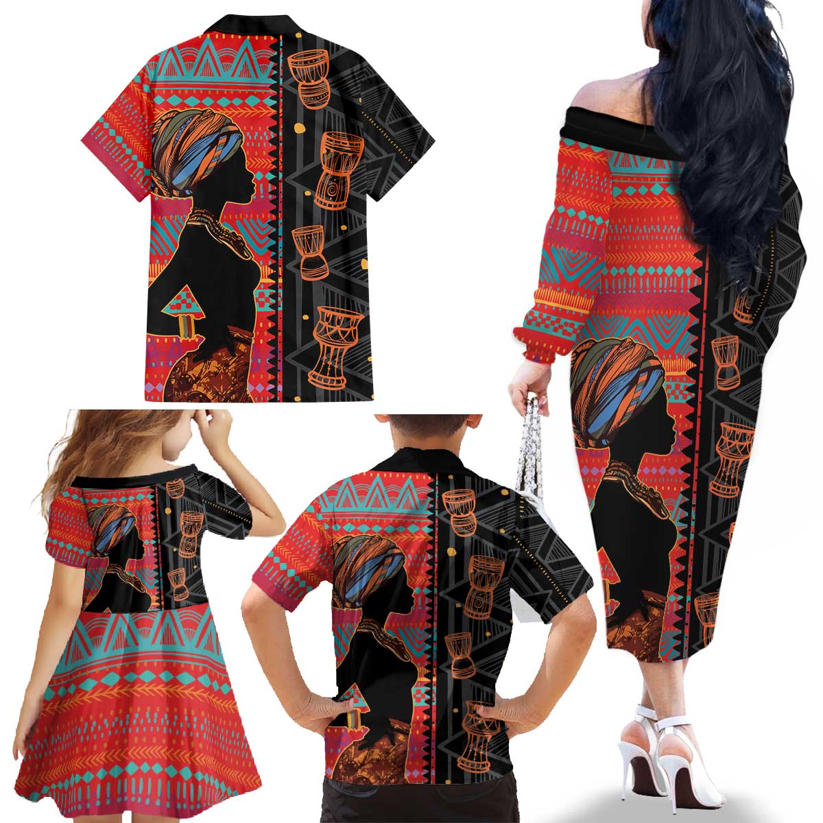 Happy International Women's Day Family Matching Off The Shoulder Long Sleeve Dress and Hawaiian Shirt African Women With Ethnic Pattern