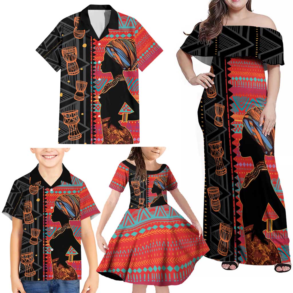 Happy International Women's Day Family Matching Off Shoulder Maxi Dress and Hawaiian Shirt African Women With Ethnic Pattern
