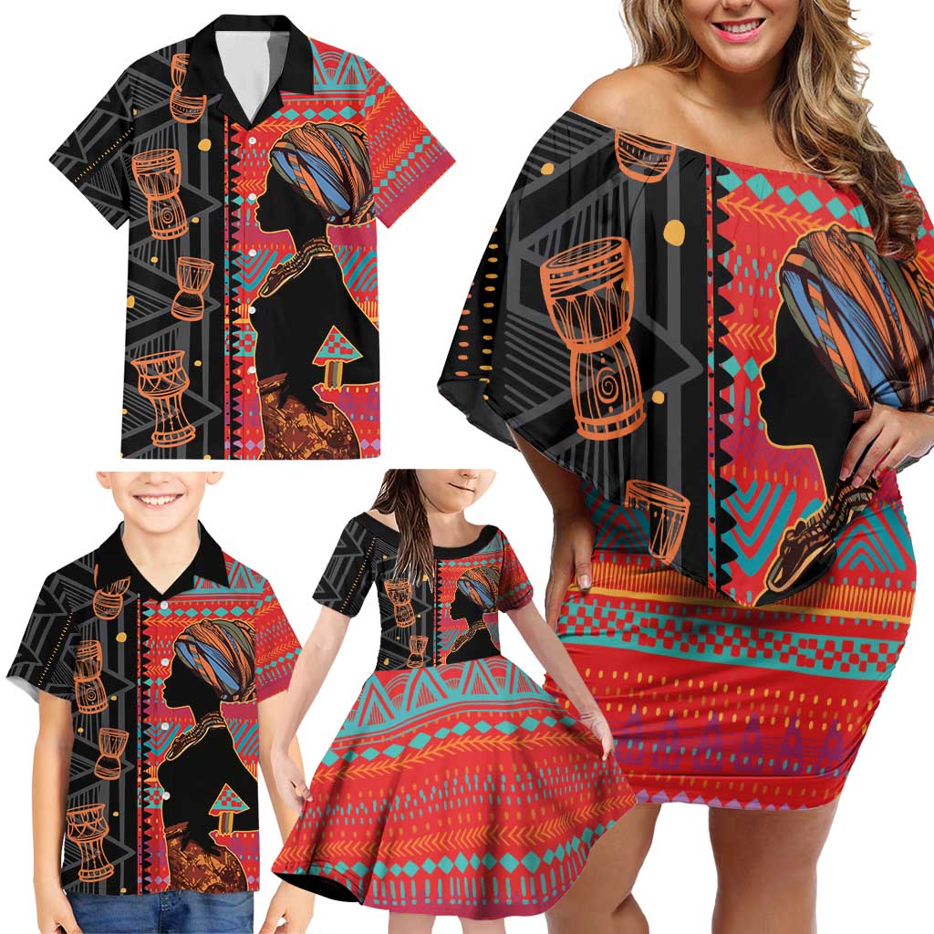 Happy International Women's Day Family Matching Off Shoulder Short Dress and Hawaiian Shirt African Women With Ethnic Pattern
