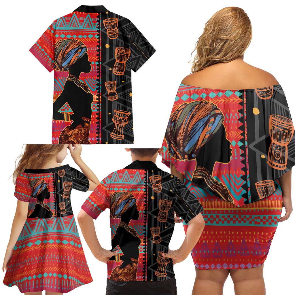 Happy International Women's Day Family Matching Off Shoulder Short Dress and Hawaiian Shirt African Women With Ethnic Pattern