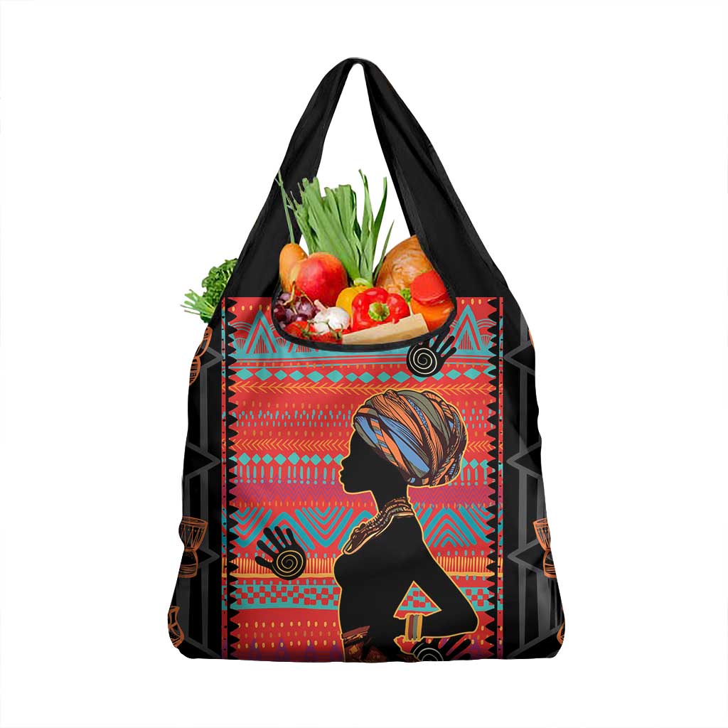 Happy International Women's Day Grocery Bag African Women With Ethnic Pattern