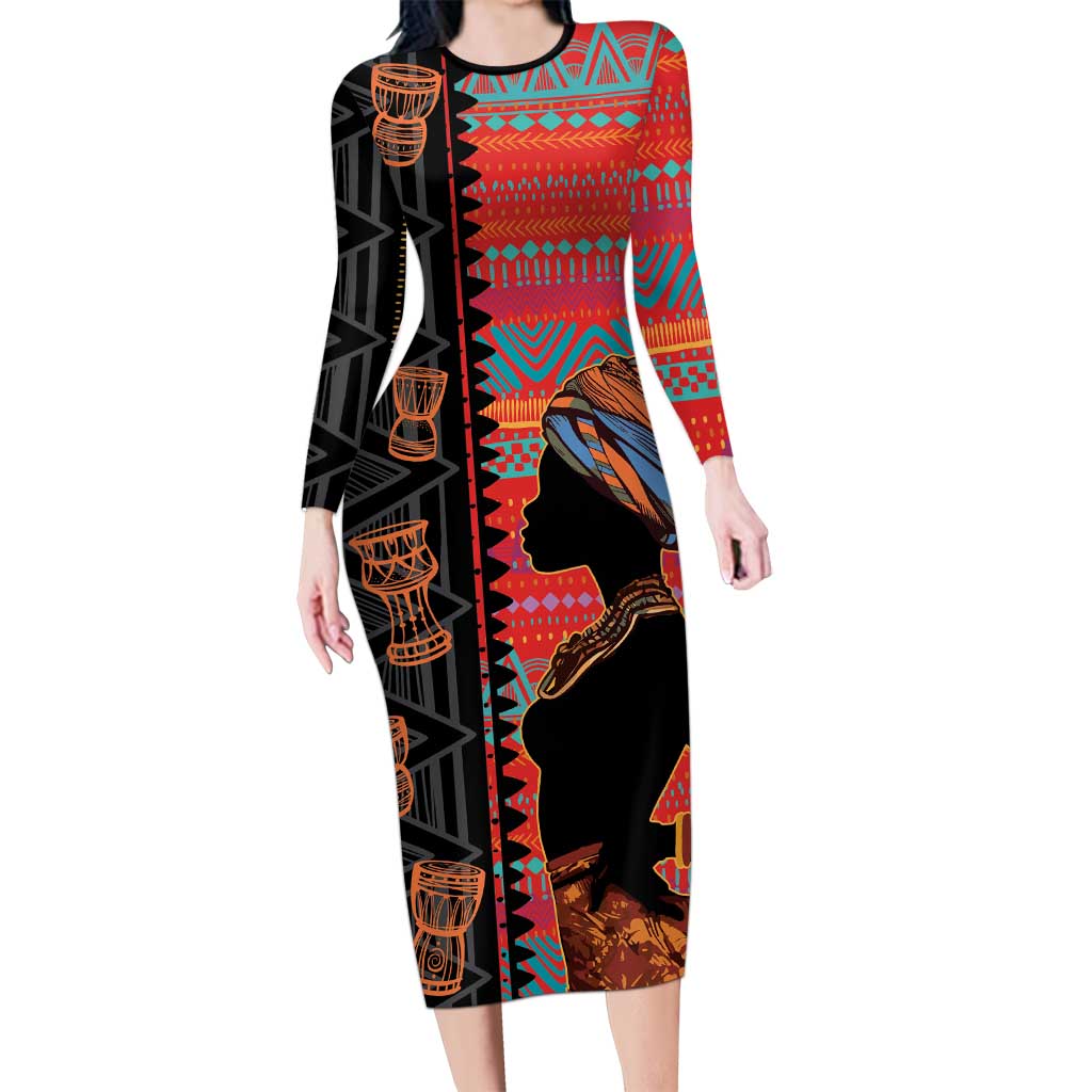 Happy International Women's Day Long Sleeve Bodycon Dress African Women With Ethnic Pattern
