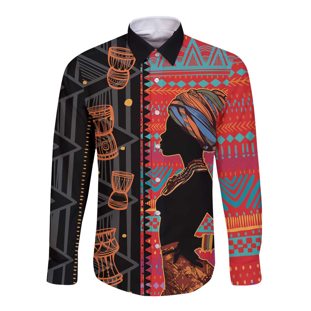 Happy International Women's Day Long Sleeve Button Shirt African Women With Ethnic Pattern