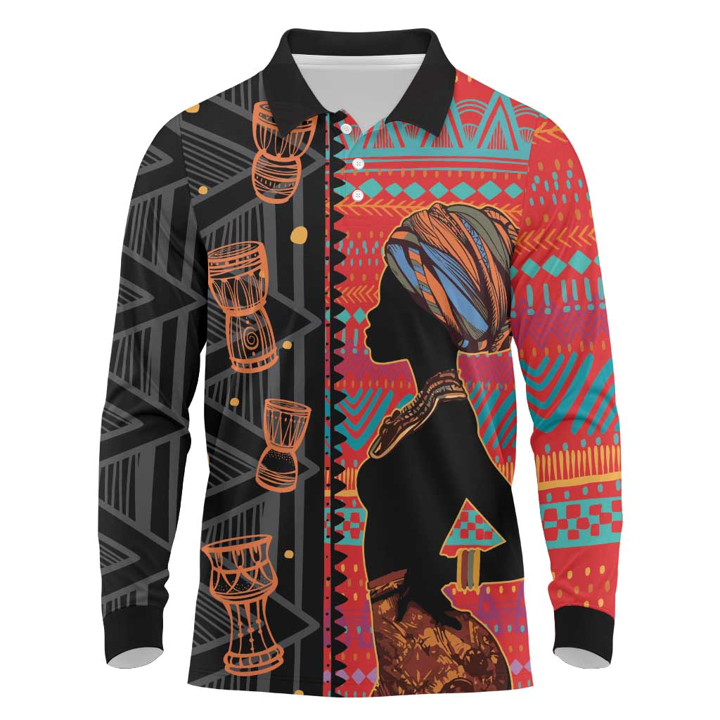 Happy International Women's Day Long Sleeve Polo Shirt African Women With Ethnic Pattern