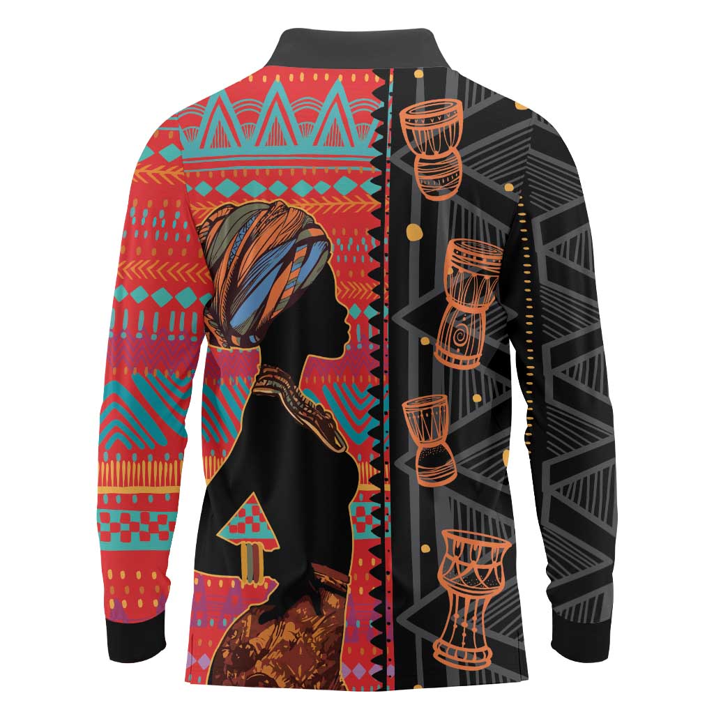 Happy International Women's Day Long Sleeve Polo Shirt African Women With Ethnic Pattern