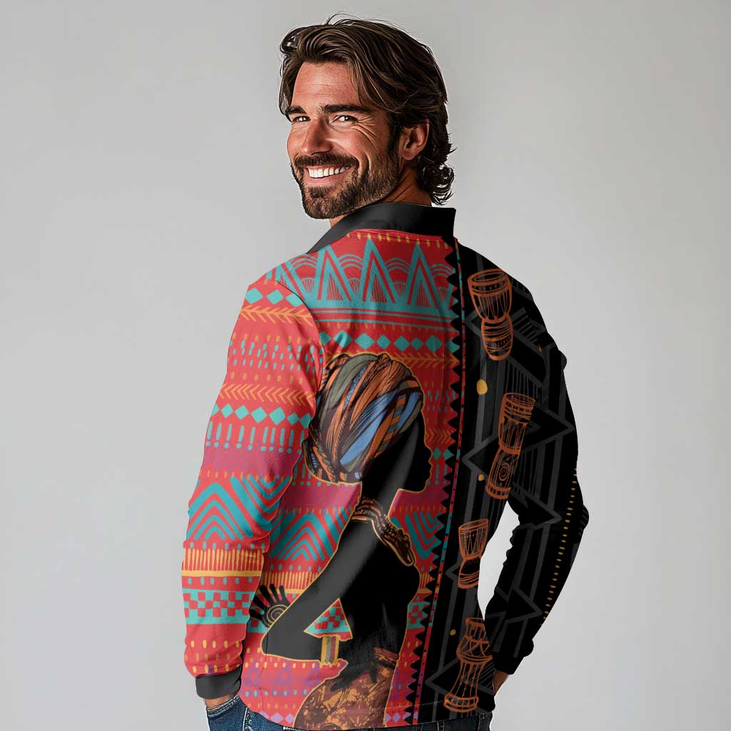 Happy International Women's Day Long Sleeve Polo Shirt African Women With Ethnic Pattern