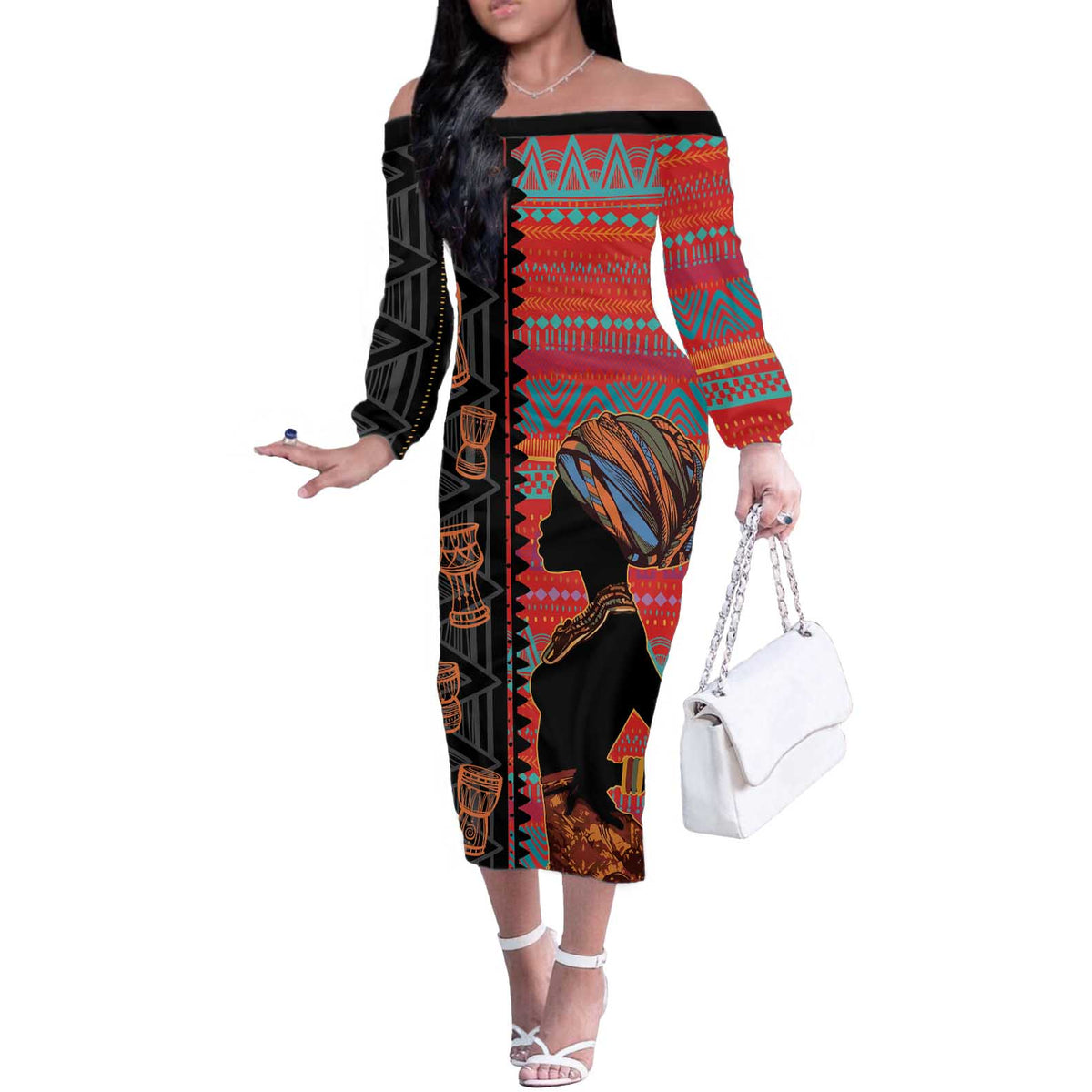 Happy International Women's Day Off The Shoulder Long Sleeve Dress African Women With Ethnic Pattern