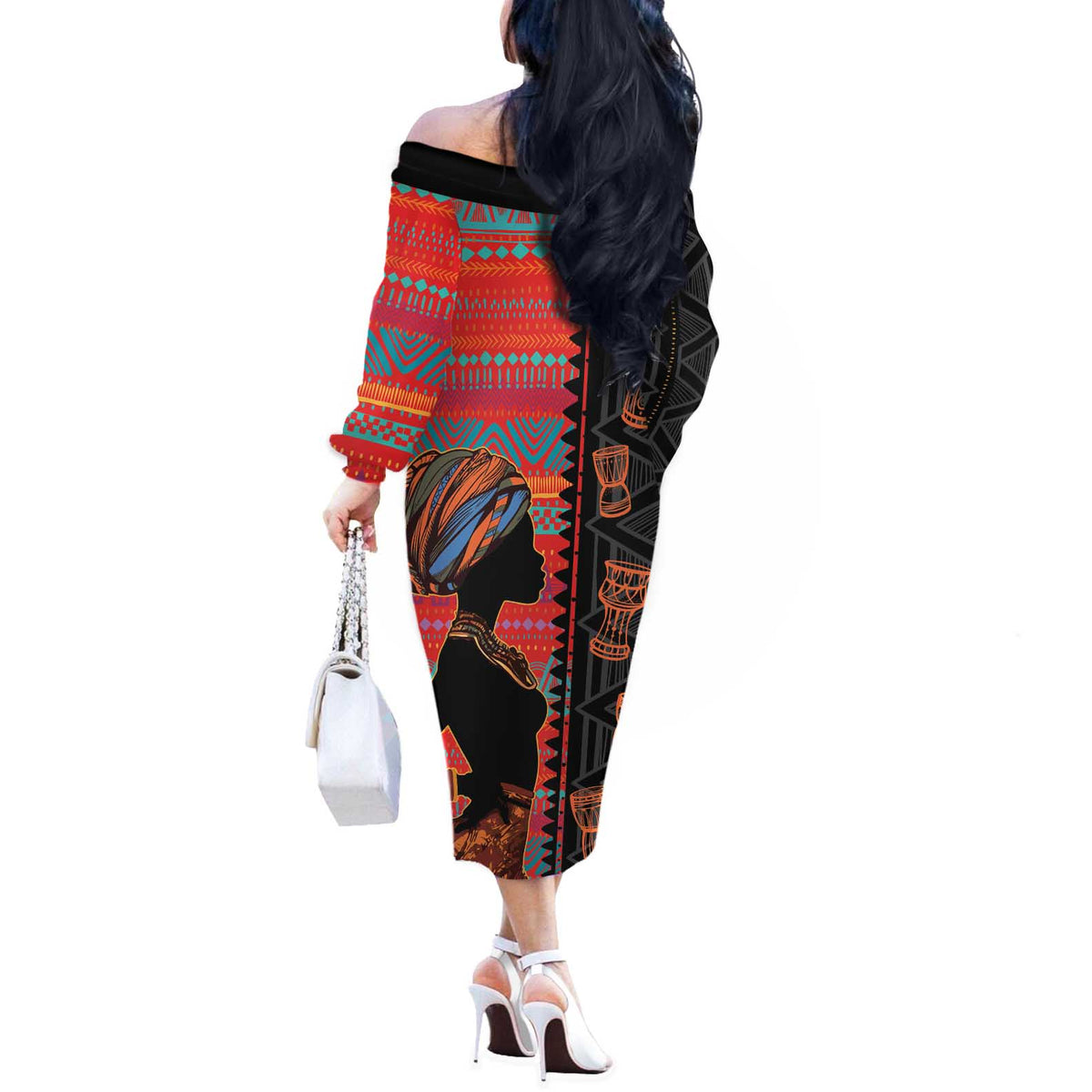Happy International Women's Day Off The Shoulder Long Sleeve Dress African Women With Ethnic Pattern