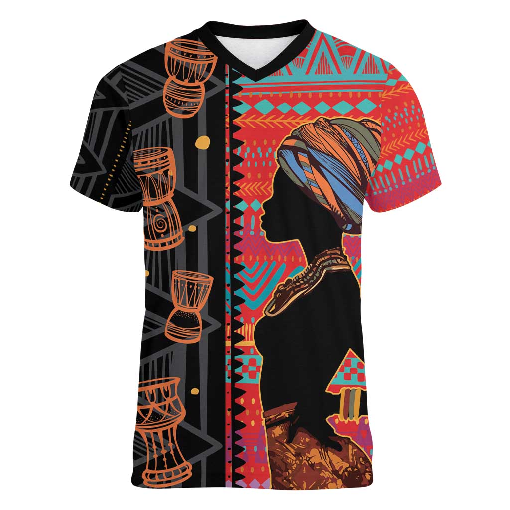 Happy International Women's Day Women V-Neck T-Shirt African Women With Ethnic Pattern - Wonder Print Shop