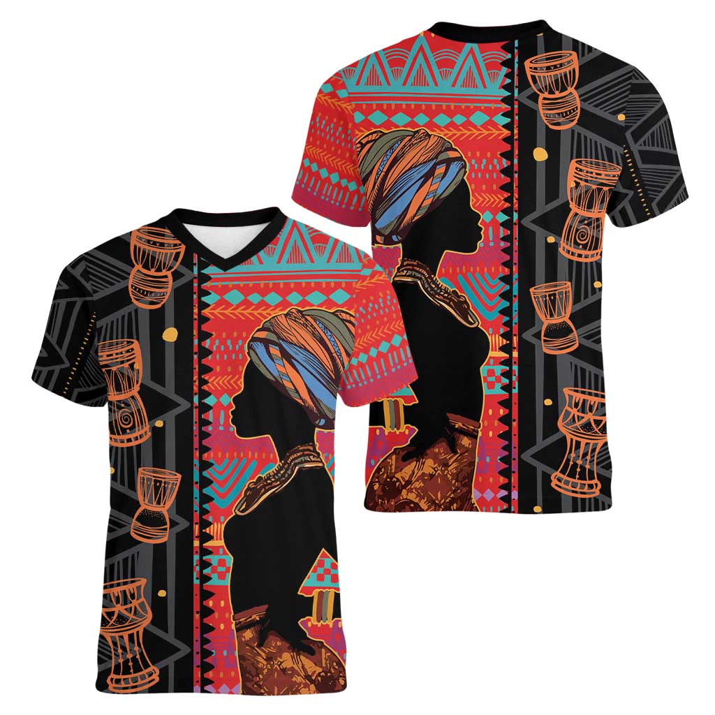Happy International Women's Day Women V-Neck T-Shirt African Women With Ethnic Pattern - Wonder Print Shop