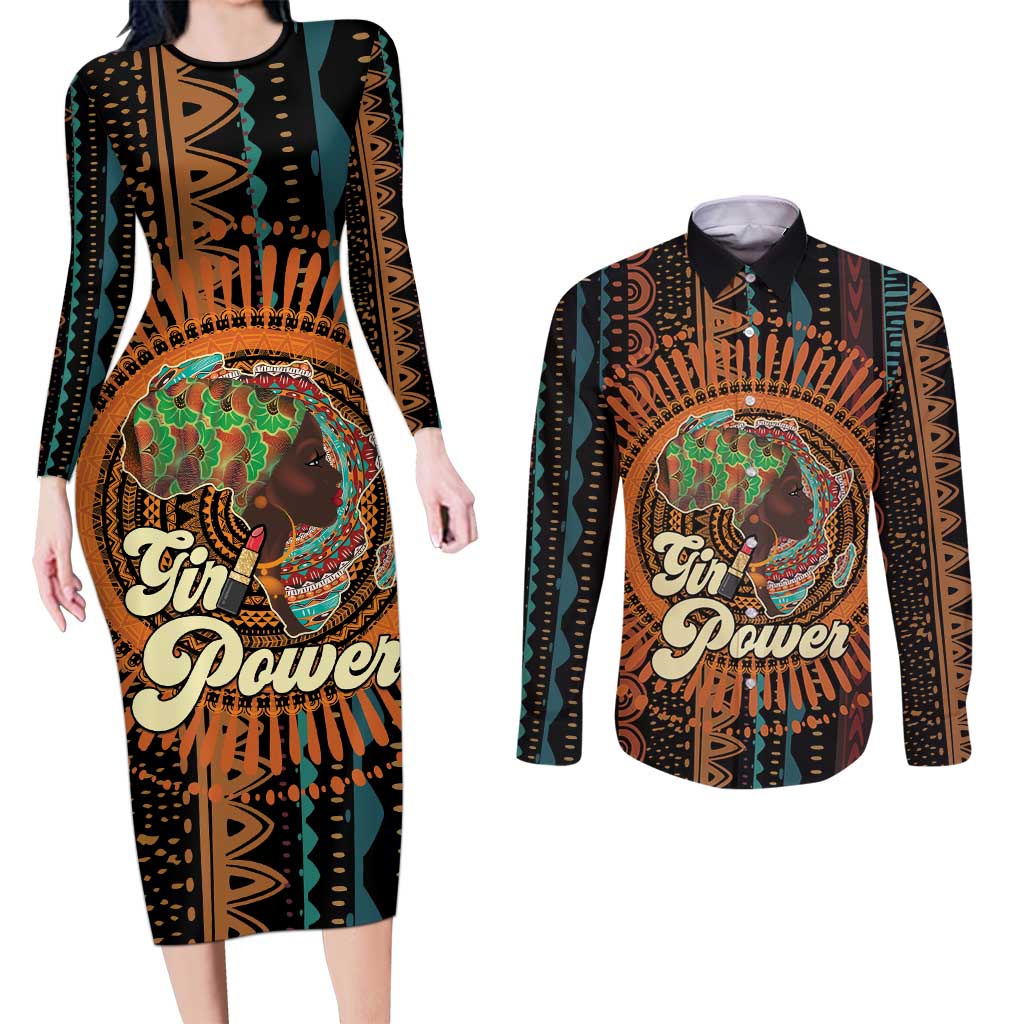 Black Girl Power Couples Matching Long Sleeve Bodycon Dress and Long Sleeve Button Shirt Happy International Women's Day