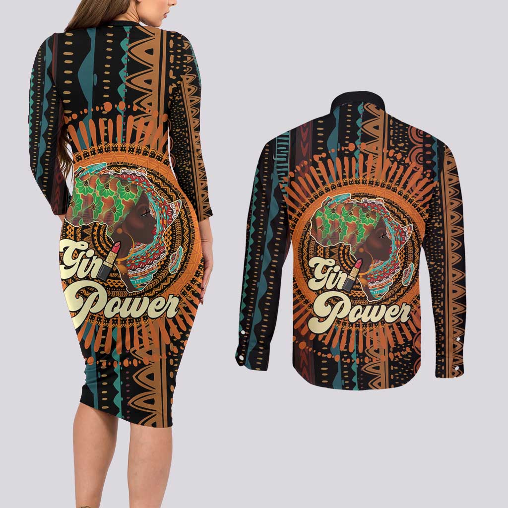 Black Girl Power Couples Matching Long Sleeve Bodycon Dress and Long Sleeve Button Shirt Happy International Women's Day