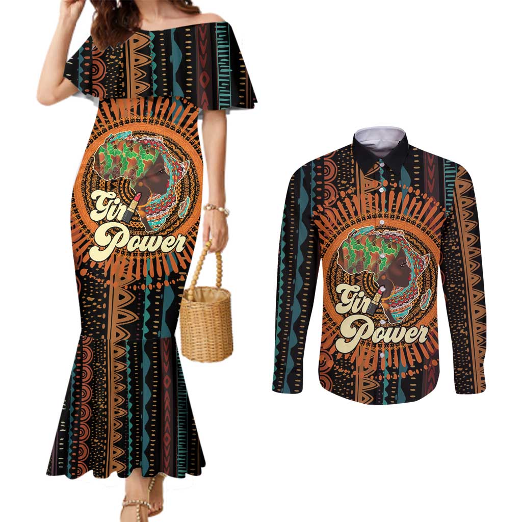 Black Girl Power Couples Matching Mermaid Dress and Long Sleeve Button Shirt Happy International Women's Day