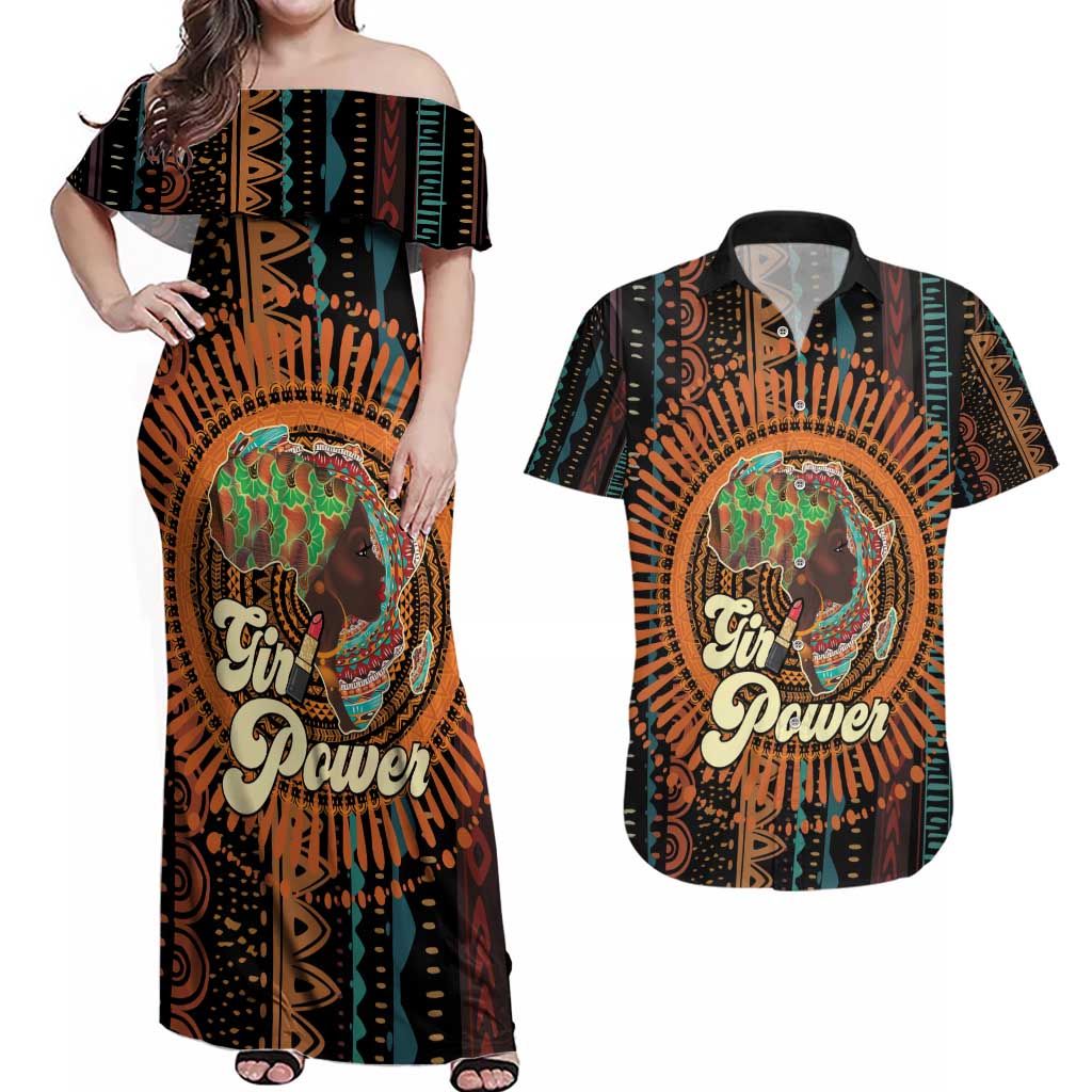 Black Girl Power Couples Matching Off Shoulder Maxi Dress and Hawaiian Shirt Happy International Women's Day