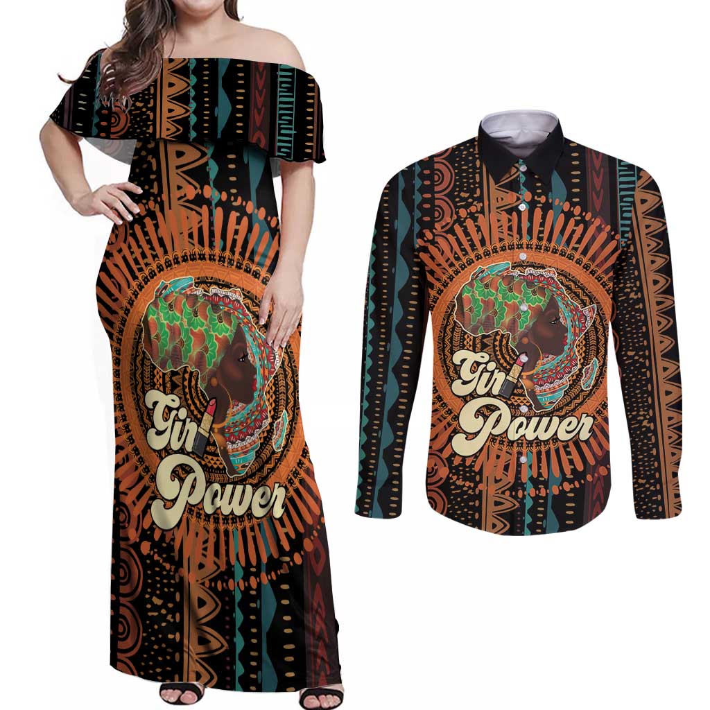 Black Girl Power Couples Matching Off Shoulder Maxi Dress and Long Sleeve Button Shirt Happy International Women's Day