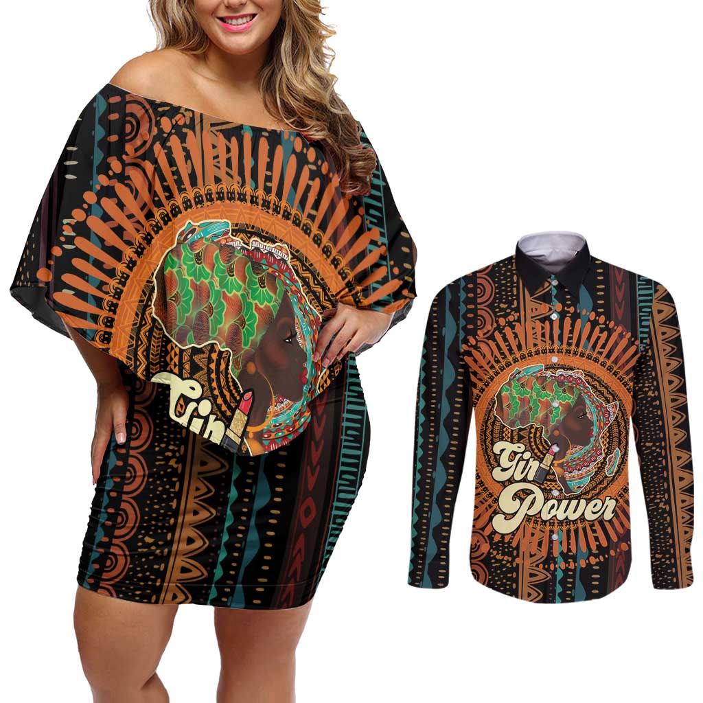 Black Girl Power Couples Matching Off Shoulder Short Dress and Long Sleeve Button Shirt Happy International Women's Day